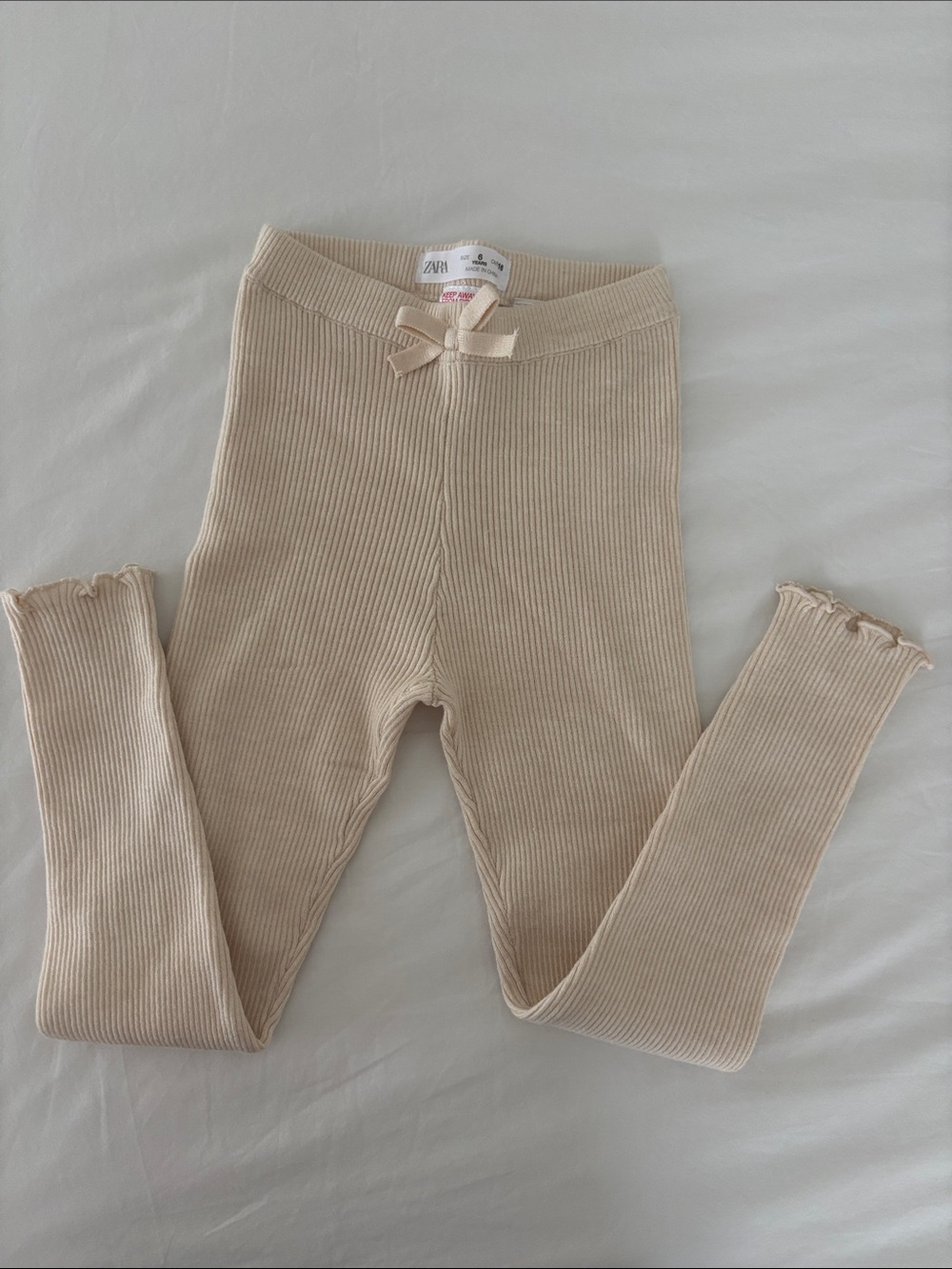 Zara Beige Ribbed Kids Leggings with Bow Trim